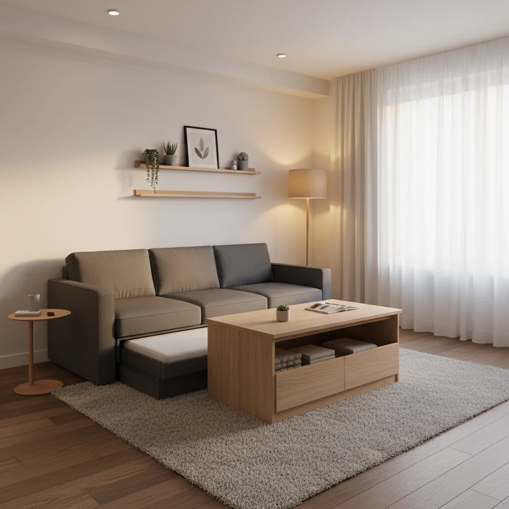 Grey sofa with pull out bed next to a wooden coffee table and floor lamp