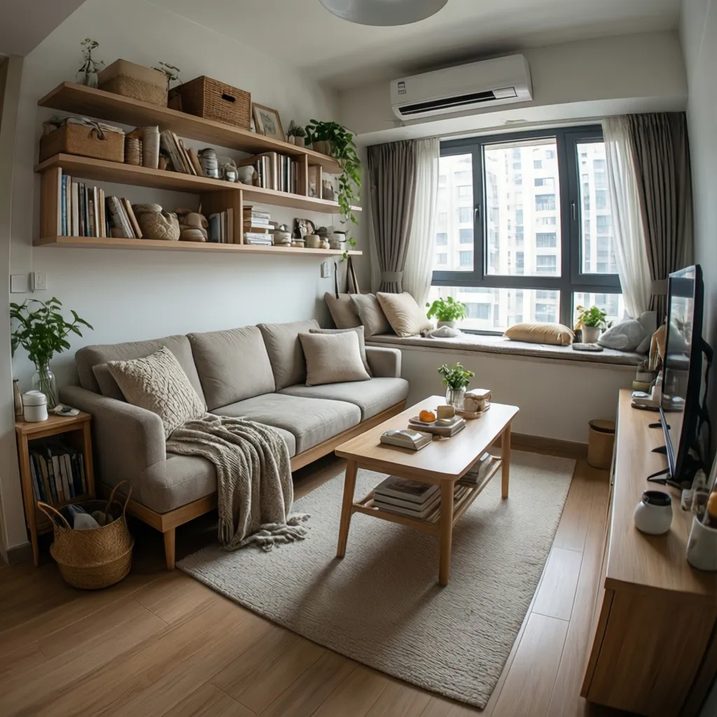 Muebles multifuncionales en un salón pequeño moderno