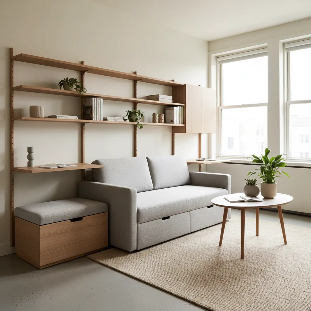Small living room with grey sofa, wooden wall shelves, storage footrest, round table, and windows