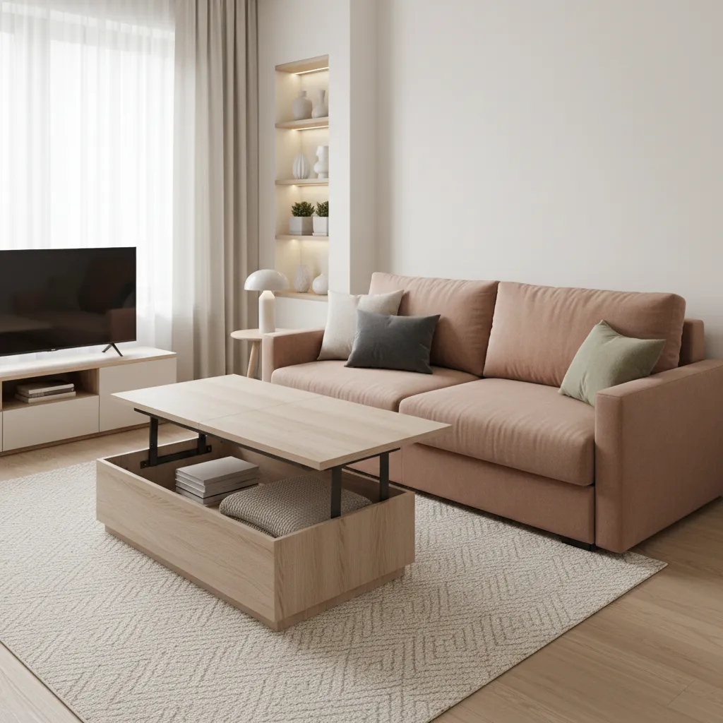 Multifunctional furniture including sofa bed and lift top table in compact apartment