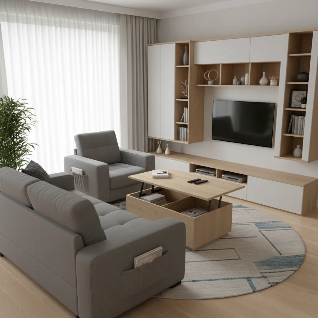 Multifunctional furniture in a small living room including storage sofa and lift top table