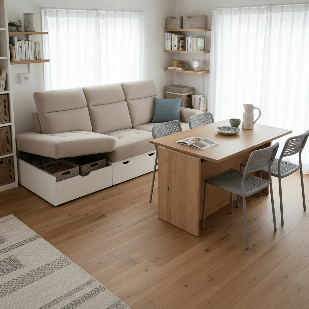 Muebles multifuncionales en una casa pequeña con almacenamiento integrado