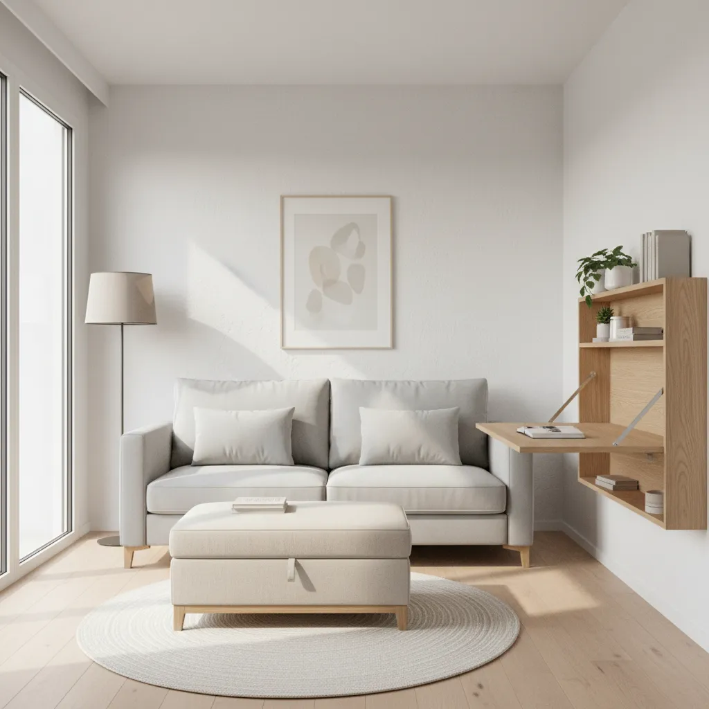 Small living room with sofa bed storage ottoman and fold down desk