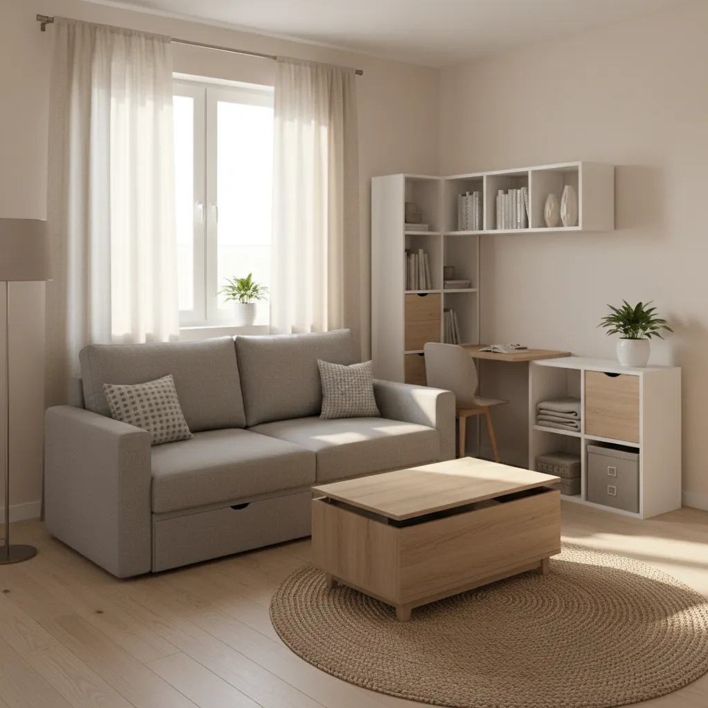 Small living room with multifunctional sofa bed and storage coffee table