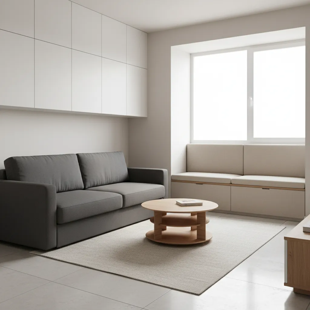 Gray sofa and wooden coffee table on rug near window seat with white storage cabinets
