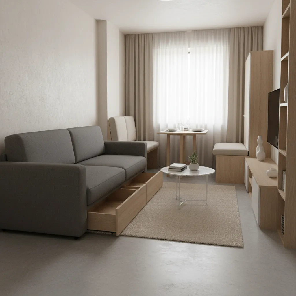 Grey sofa with storage drawers in small living room with wooden furniture and white paint