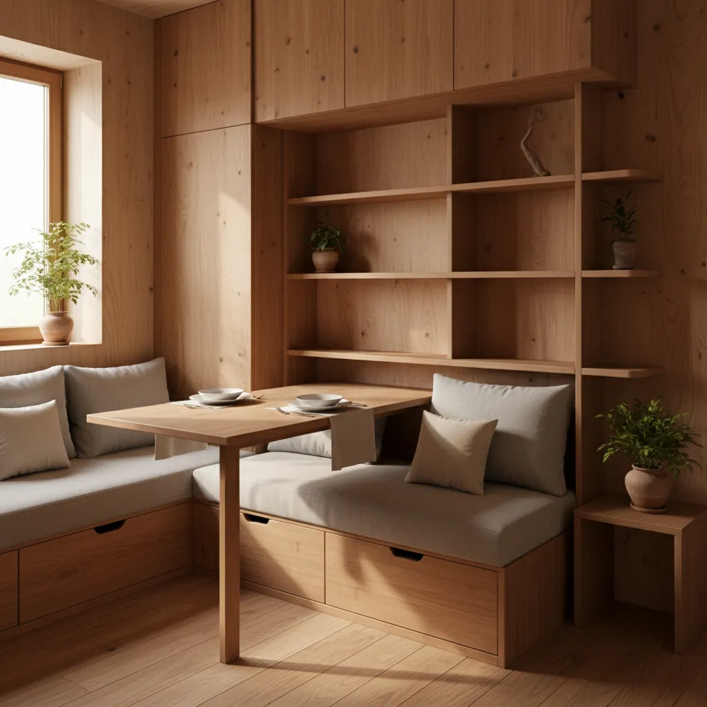 Small wooden room with built in shelving unit dining table and grey bench seating plants