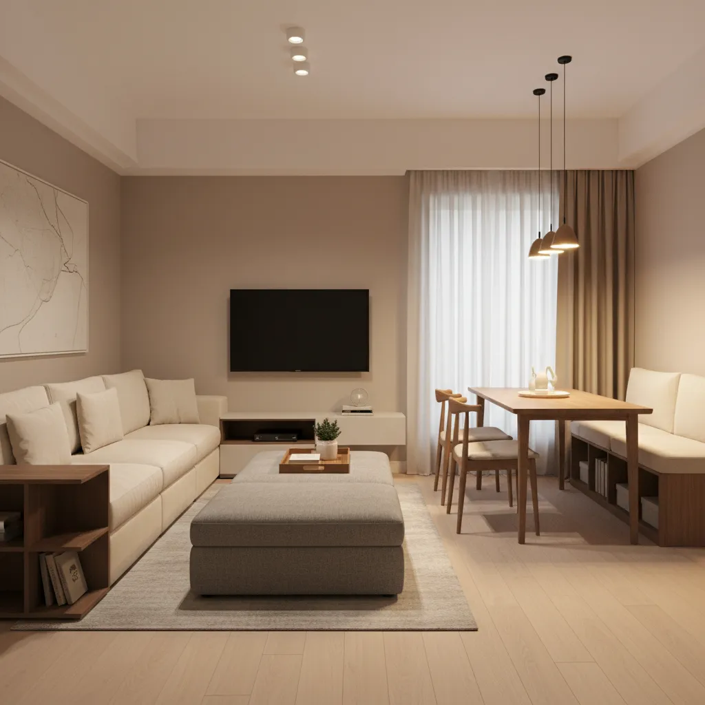 Multi functional furniture in small living dining room with bench seating and storage ottoman