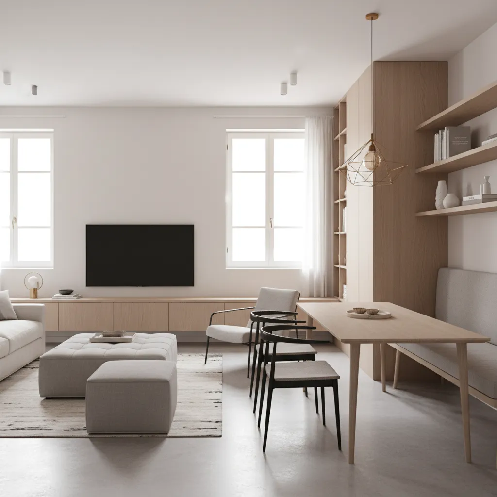 Storage ottoman and bench seating in small living dining room