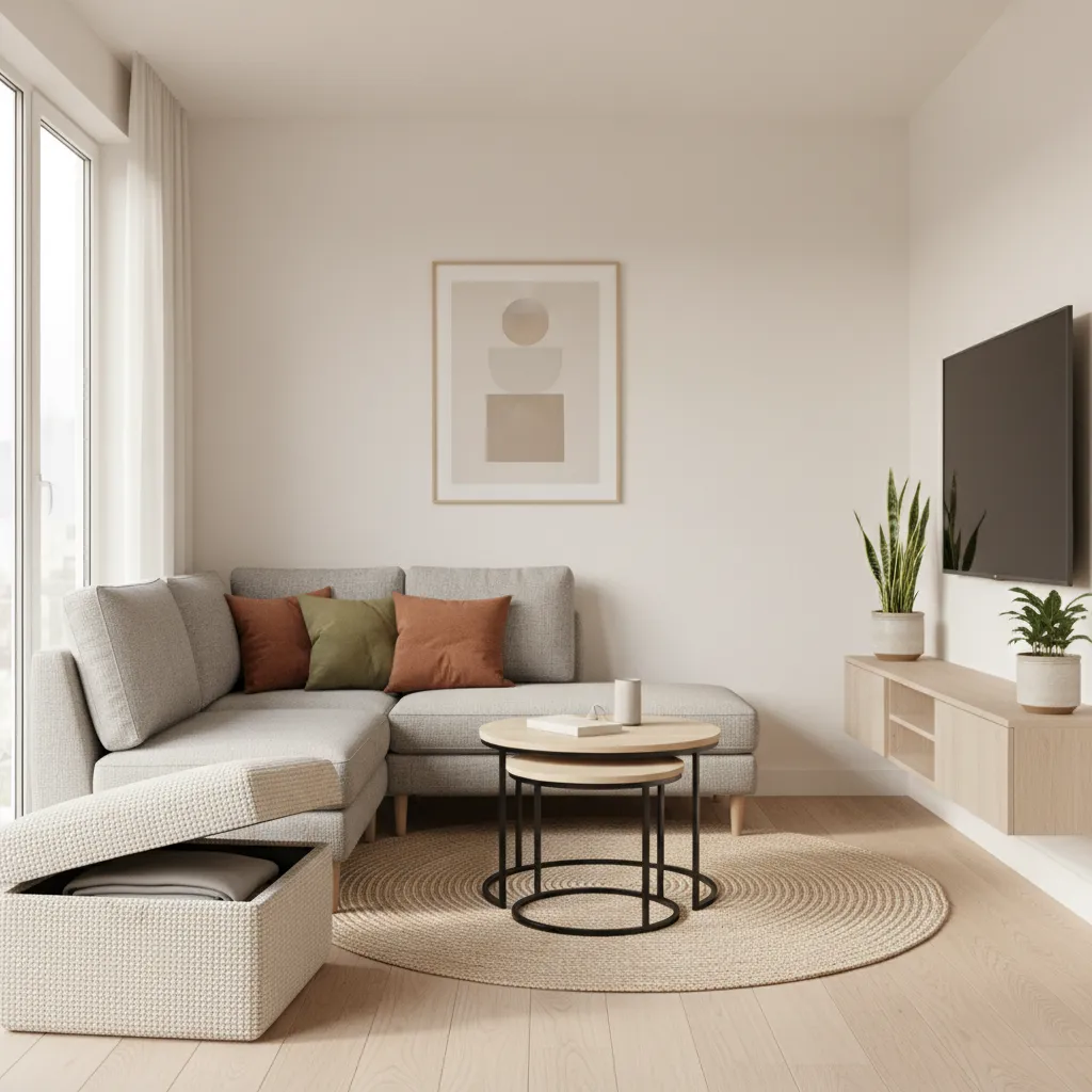 Small living room with multifunctional furniture including nesting tables and storage ottoman