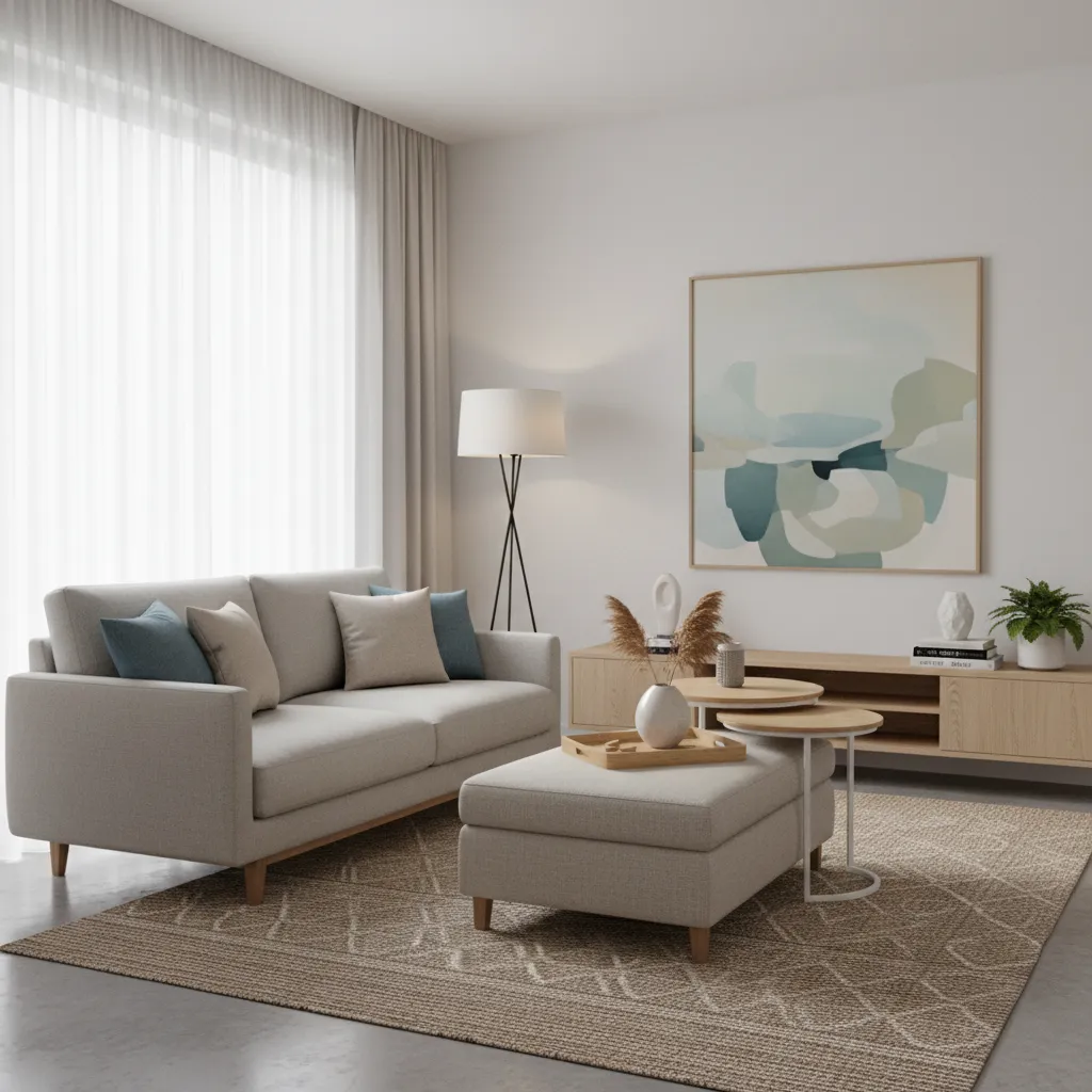 Small living room using multifunctional furniture like storage ottoman and nesting tables