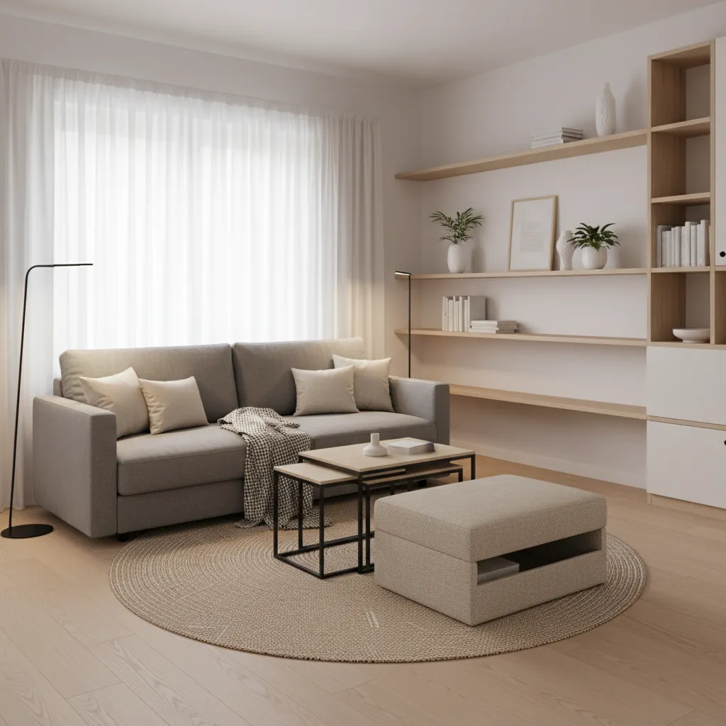 Small living room with storage ottoman and nesting tables beside sleeper sofa