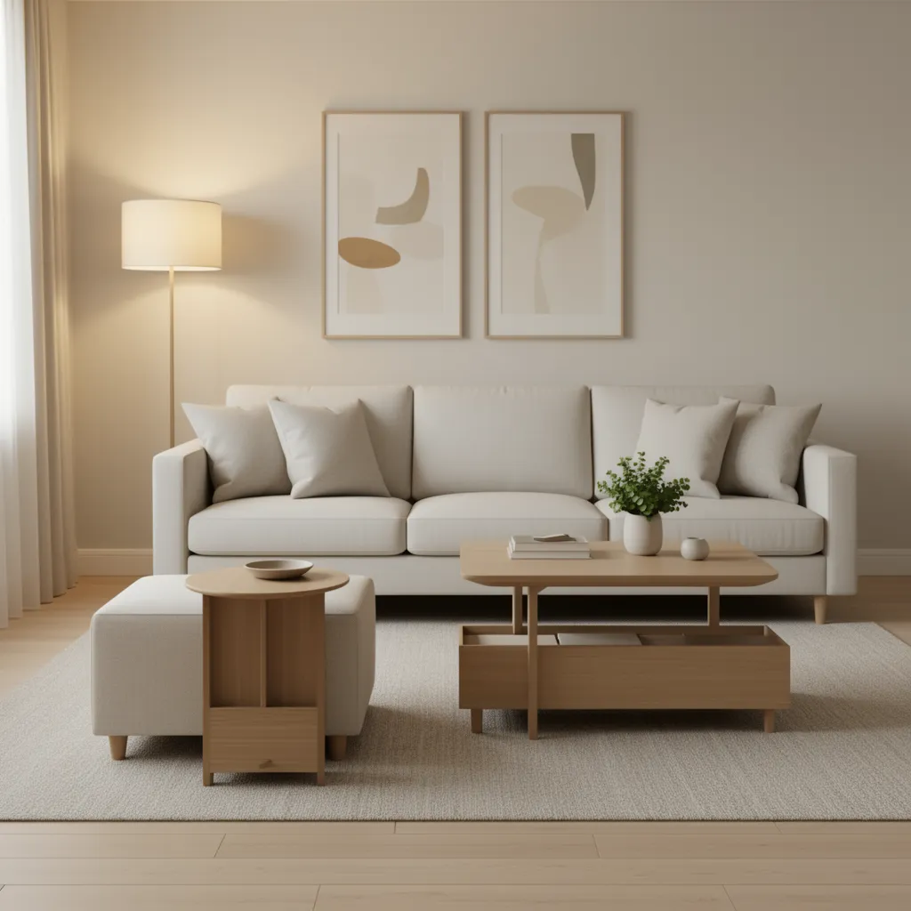 Small living room with storage ottoman and nesting tables for space saving