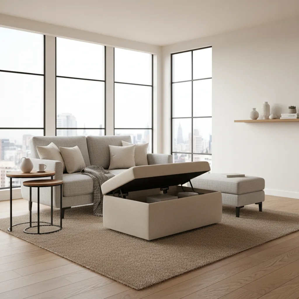 Small living room with storage ottoman and nesting tables saving space