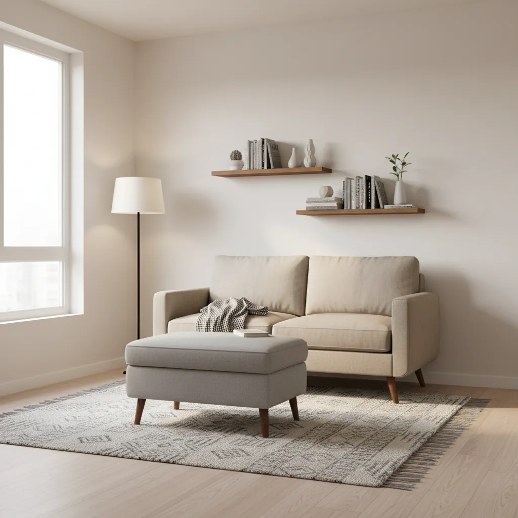 Small living room with beige sofa grey footrest floor lamp wooden wall shelves and patterned rug