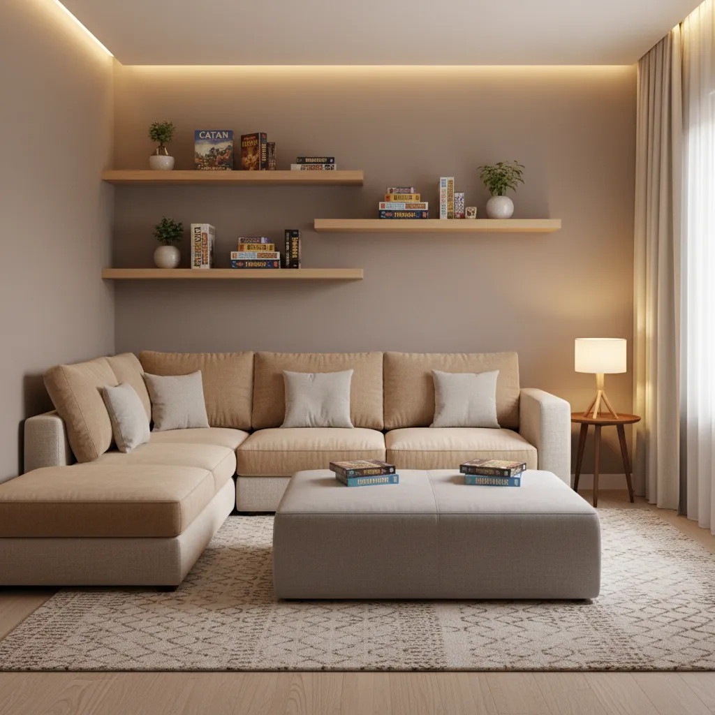 Small rec room with storage ottoman modular seating and floating shelves