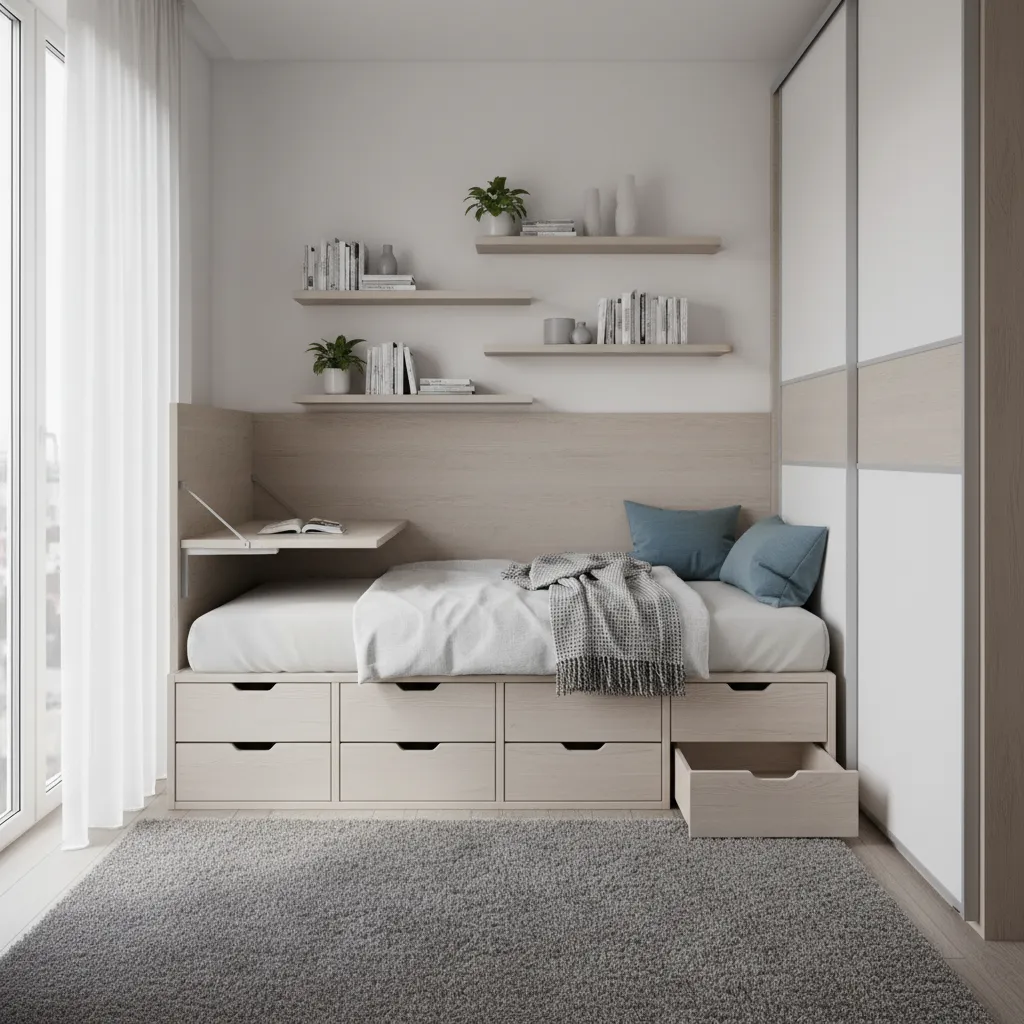 Muebles multifuncionales en dormitorio pequeño moderno