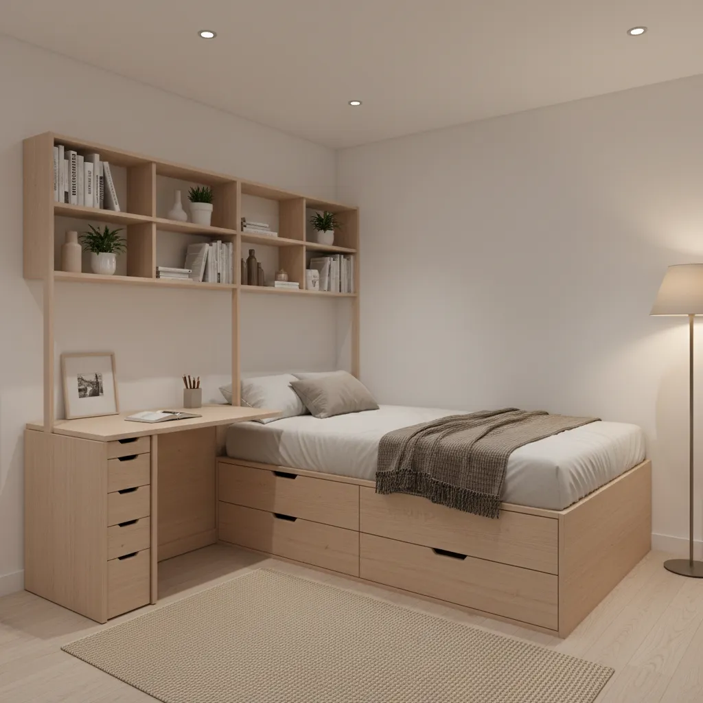 nội thất đa năng trong phòng trọ nhỏ với giường có ngăn kéo