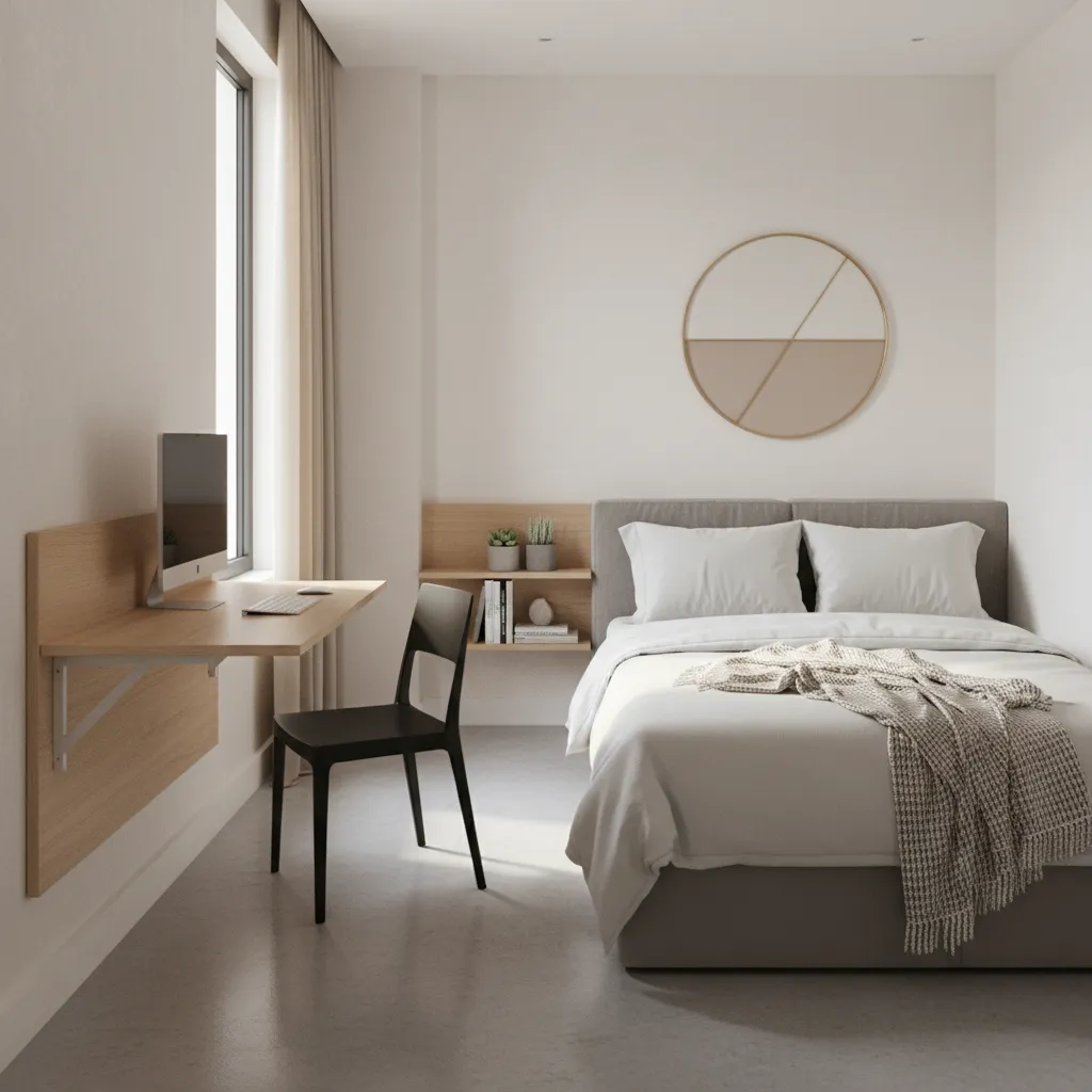 small bedroom with wall mounted folding desk and multifunctional furniture