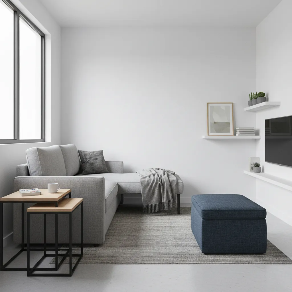 multifunctional furniture setup in a small apartment living space