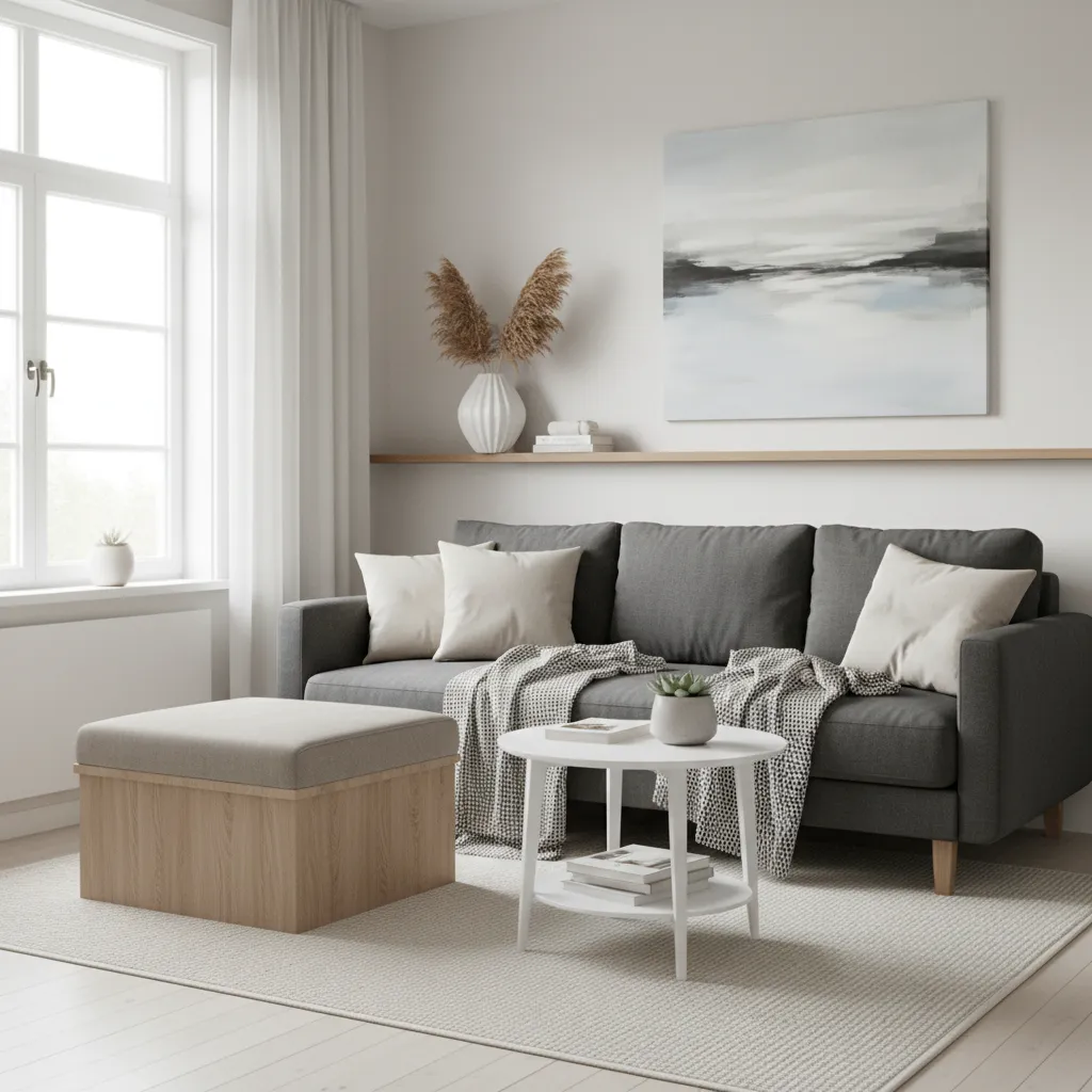 multifunctional furniture in small apartment including sofa bed and storage ottoman
