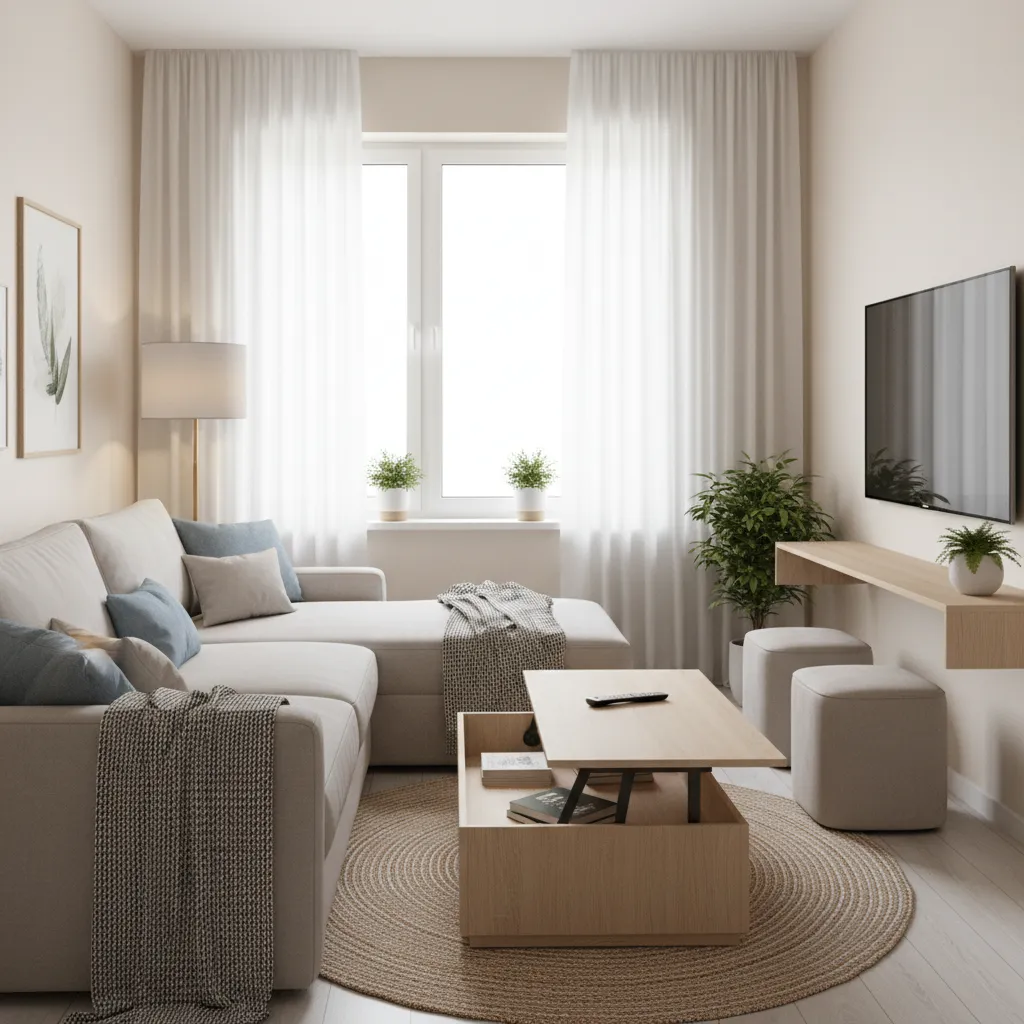 multifunctional furniture including sofa bed and storage coffee table in compact living room