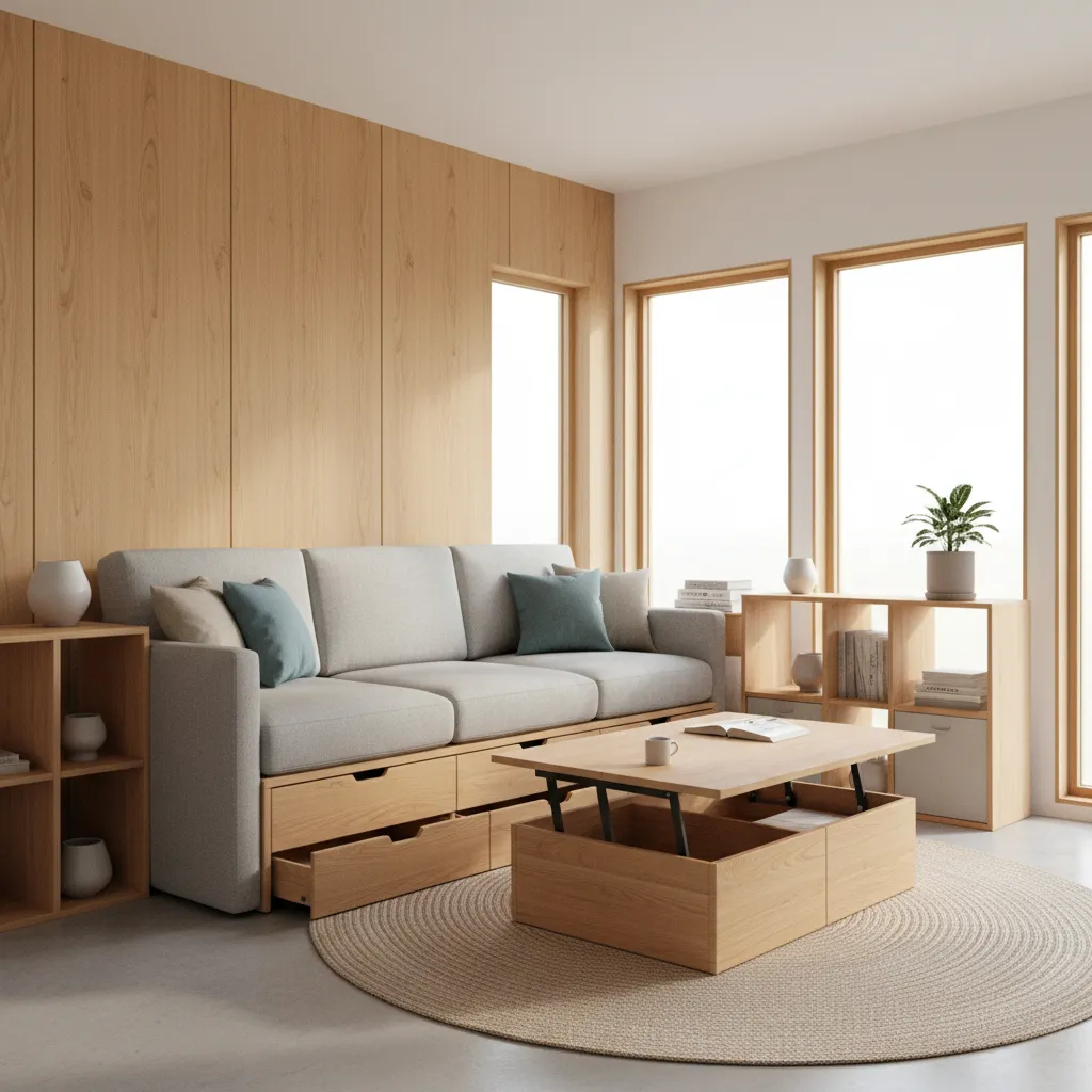 multi functional furniture in a small tiny house living room