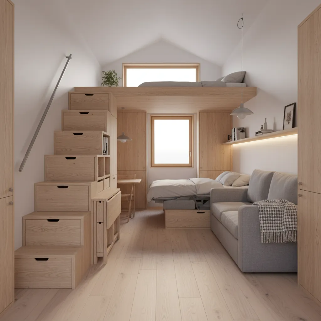 Tiny house staircase storage drawers and convertible sofa furniture design