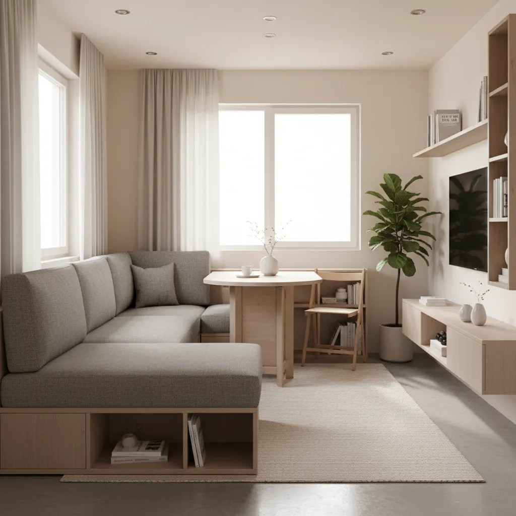 Tiny home living area with storage sofa and foldable table