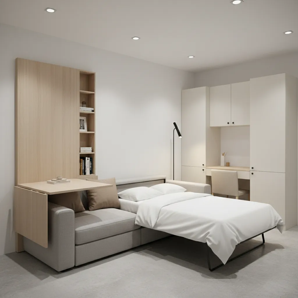 Modern small room with grey sofa bed foldable wood desk white cabinets and floor lamp