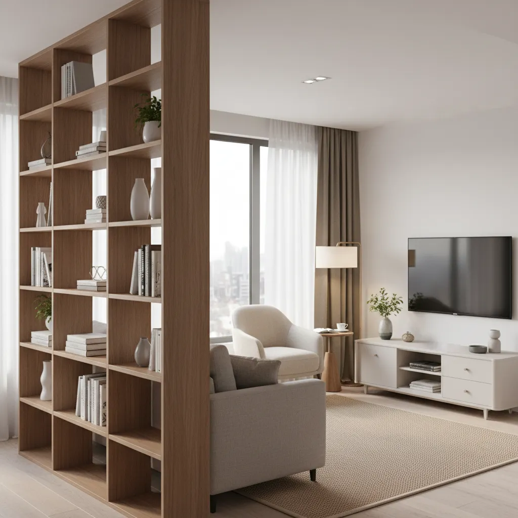 multifunctional furniture zoning small living room with sofa and shelving divider
