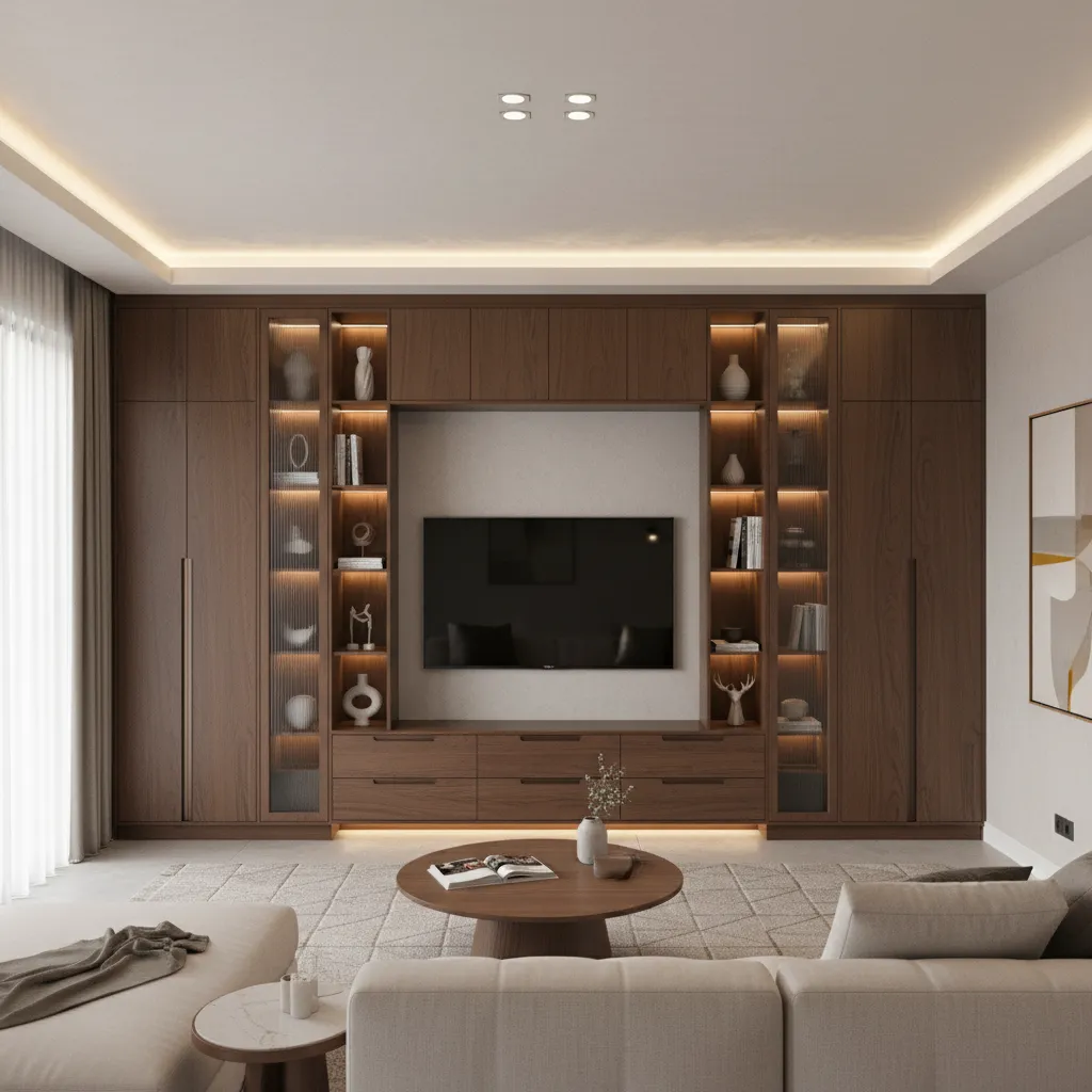 Multi functional hall almirah with TV unit and storage cabinets