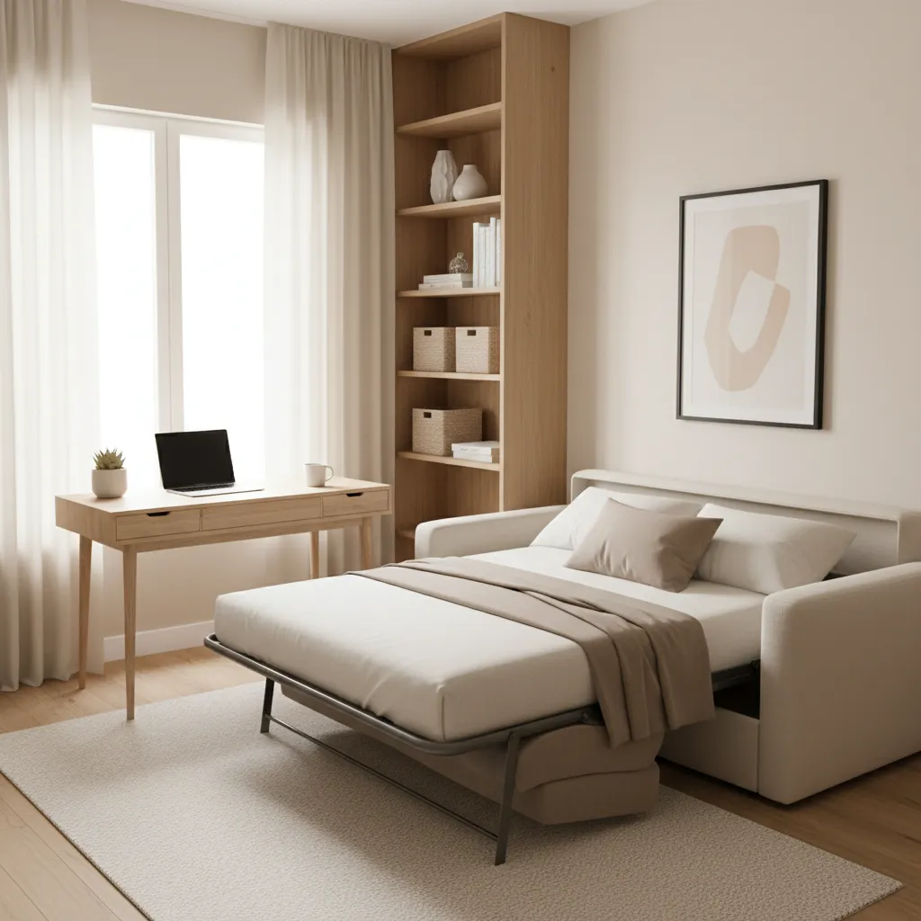 Habitación multifuncional que combina oficina y dormitorio de invitados