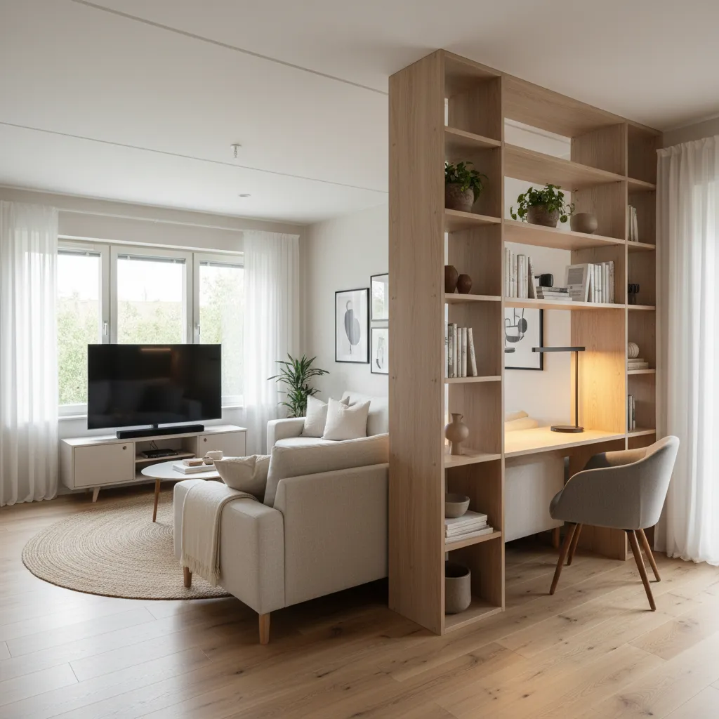 Espacio doméstico multifuncional con escritorio integrado en el salón