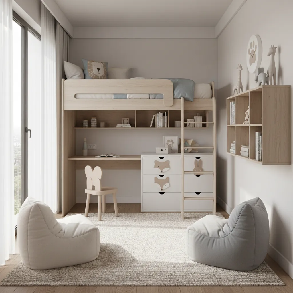Small kids bedroom with loft bed and storage drawers