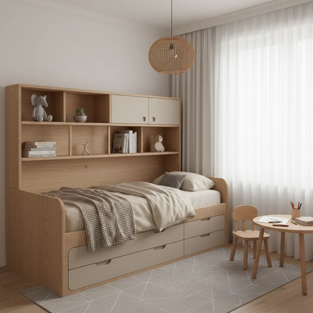kids bed with storage drawers and integrated shelving