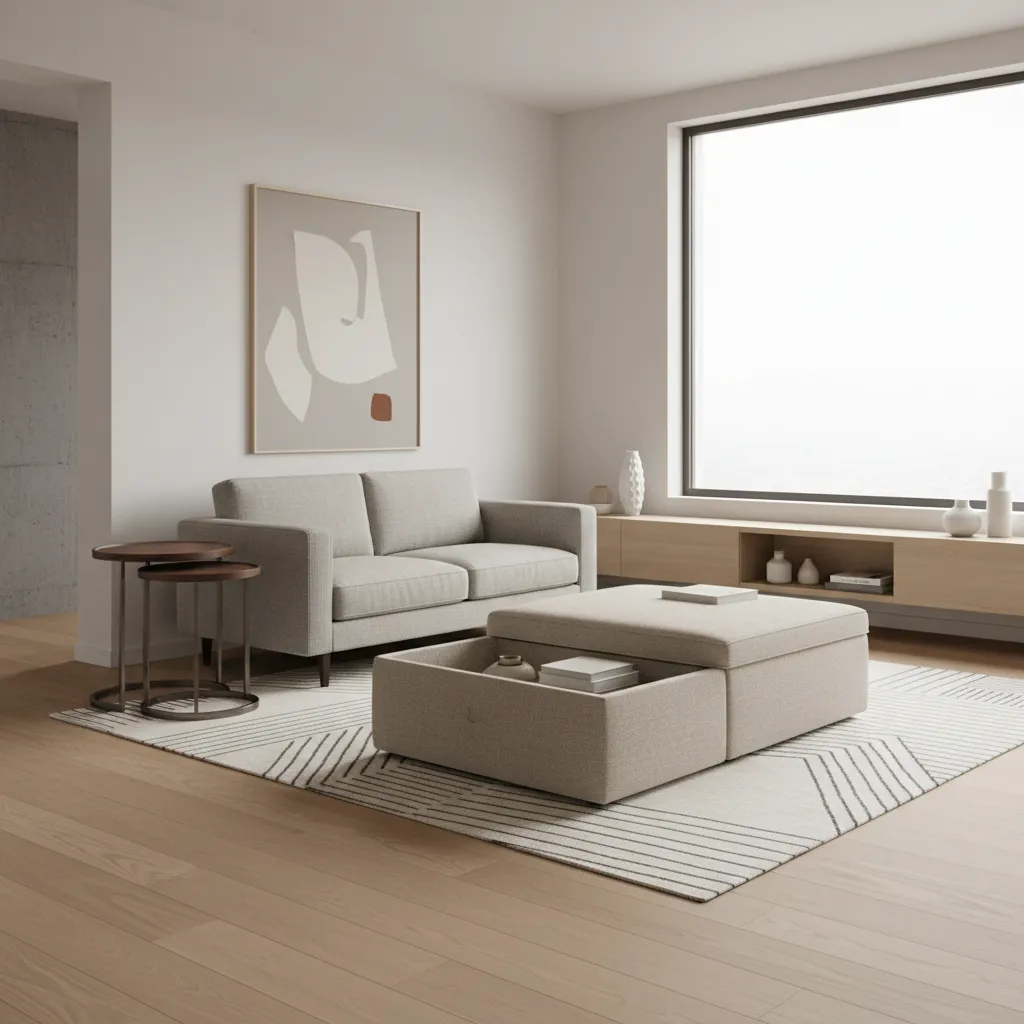 living room with storage ottoman and multifunctional furniture