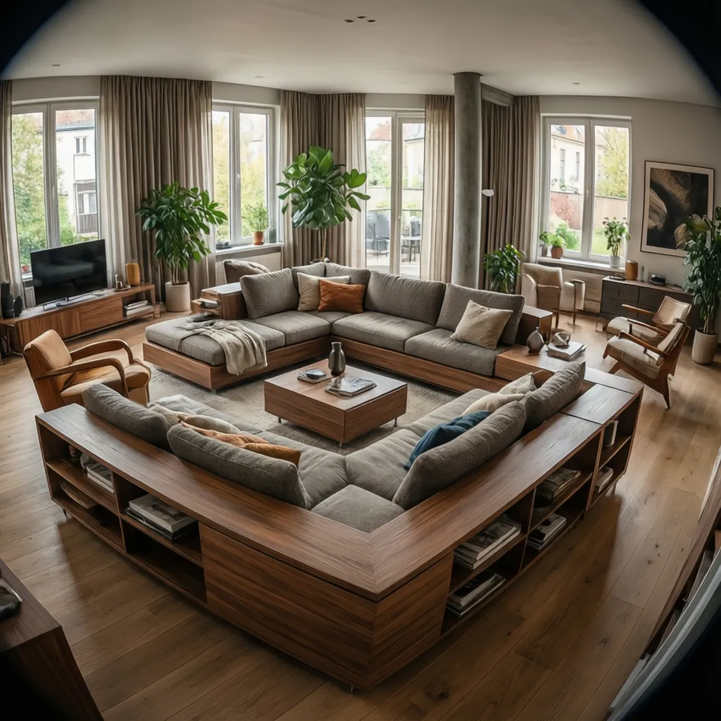 Espacio de salón multifuncional con muebles modulares