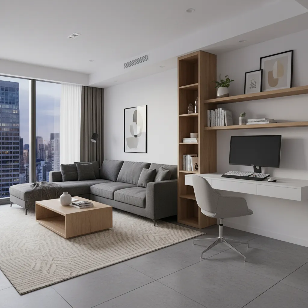 Espacio multifuncional con salón y área de trabajo integrada