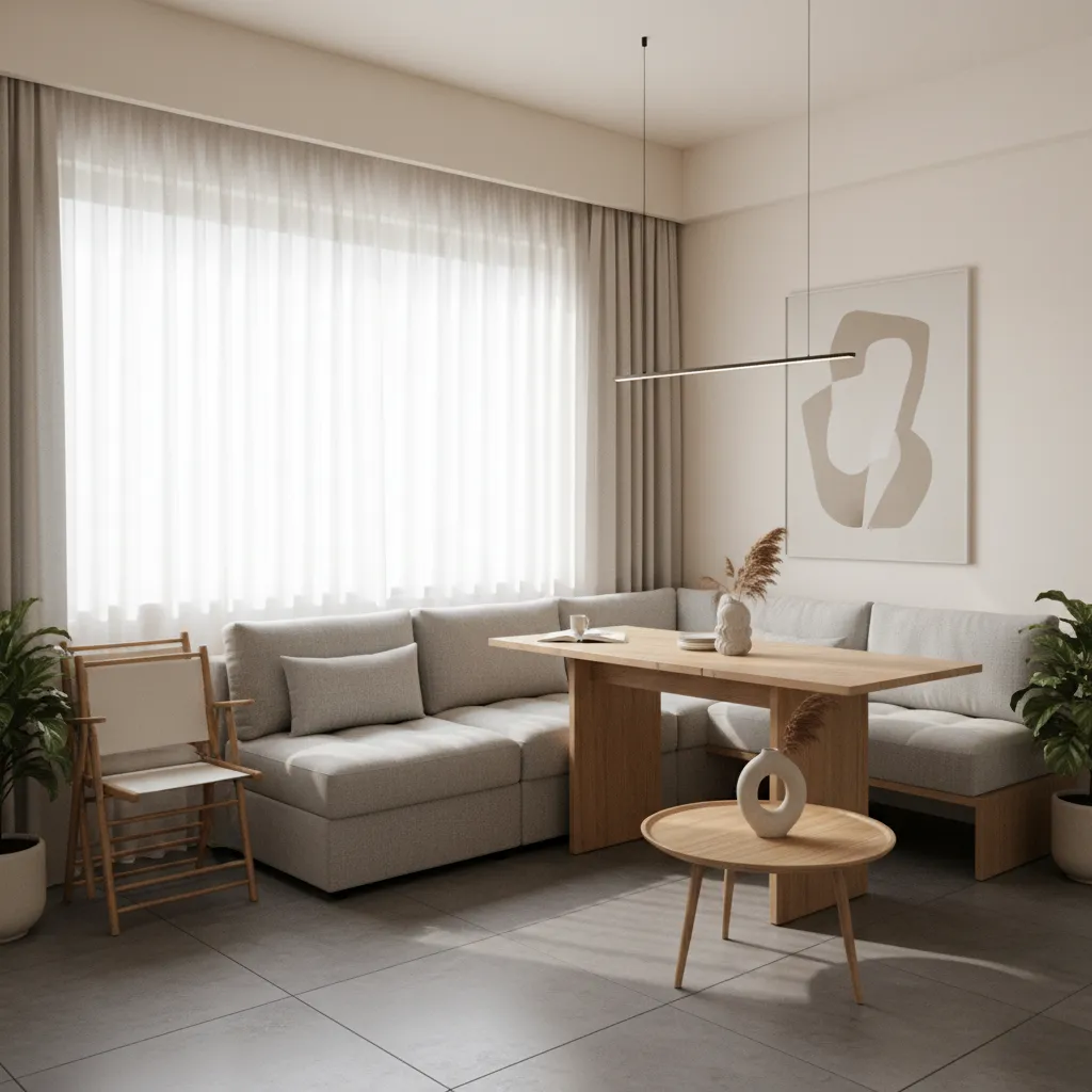 Multi functional living and dining space in compact Indian home