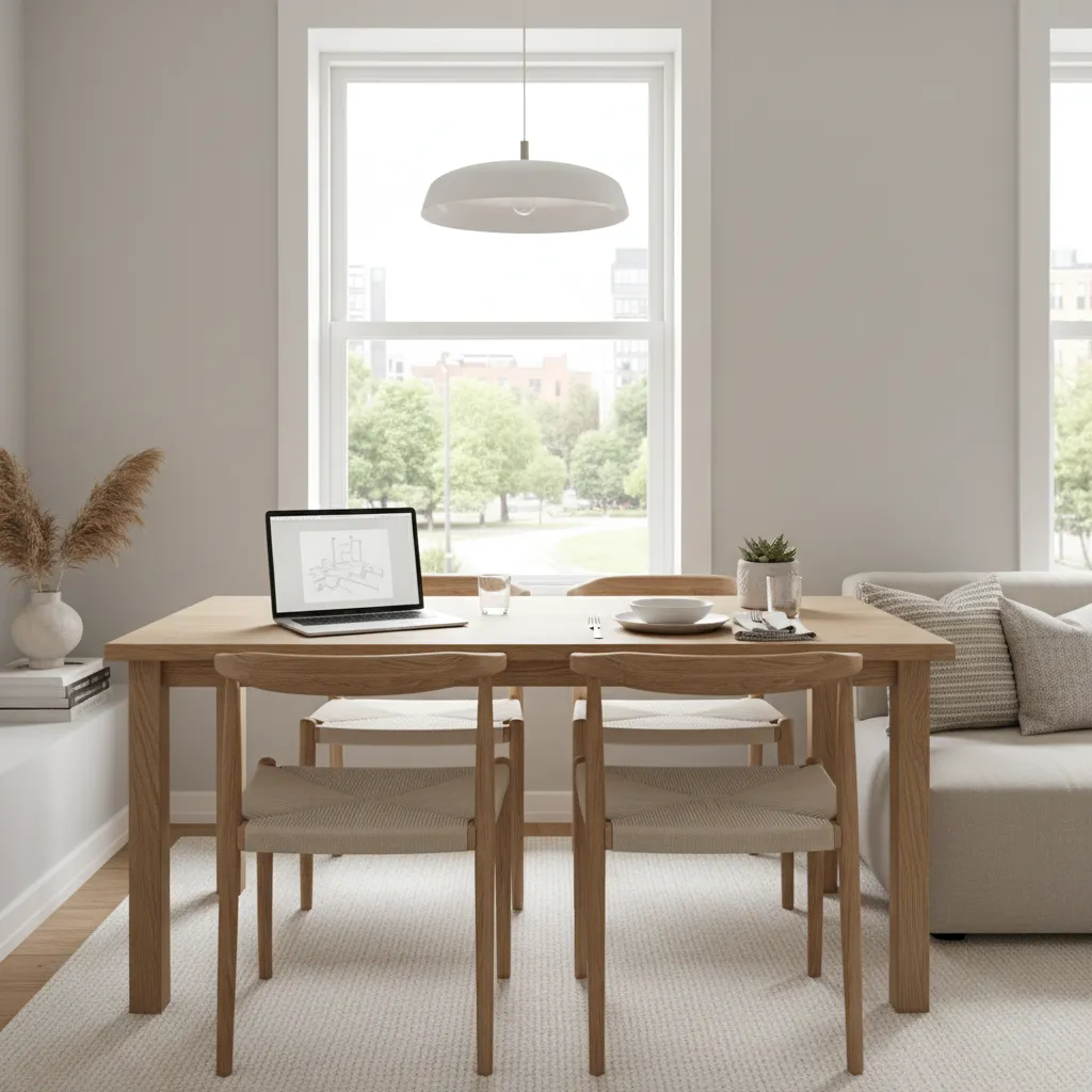 Compact narrow rectangular table used as dining and workspace in a small home