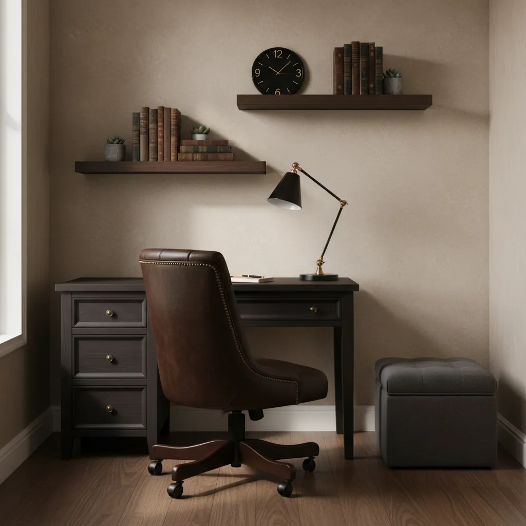 Multifunctional furniture in a compact noir style office with storage desk and shelves
