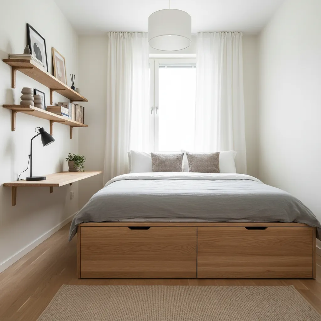 Dormitorio pequeño con cama con cajones y muebles multifuncionales