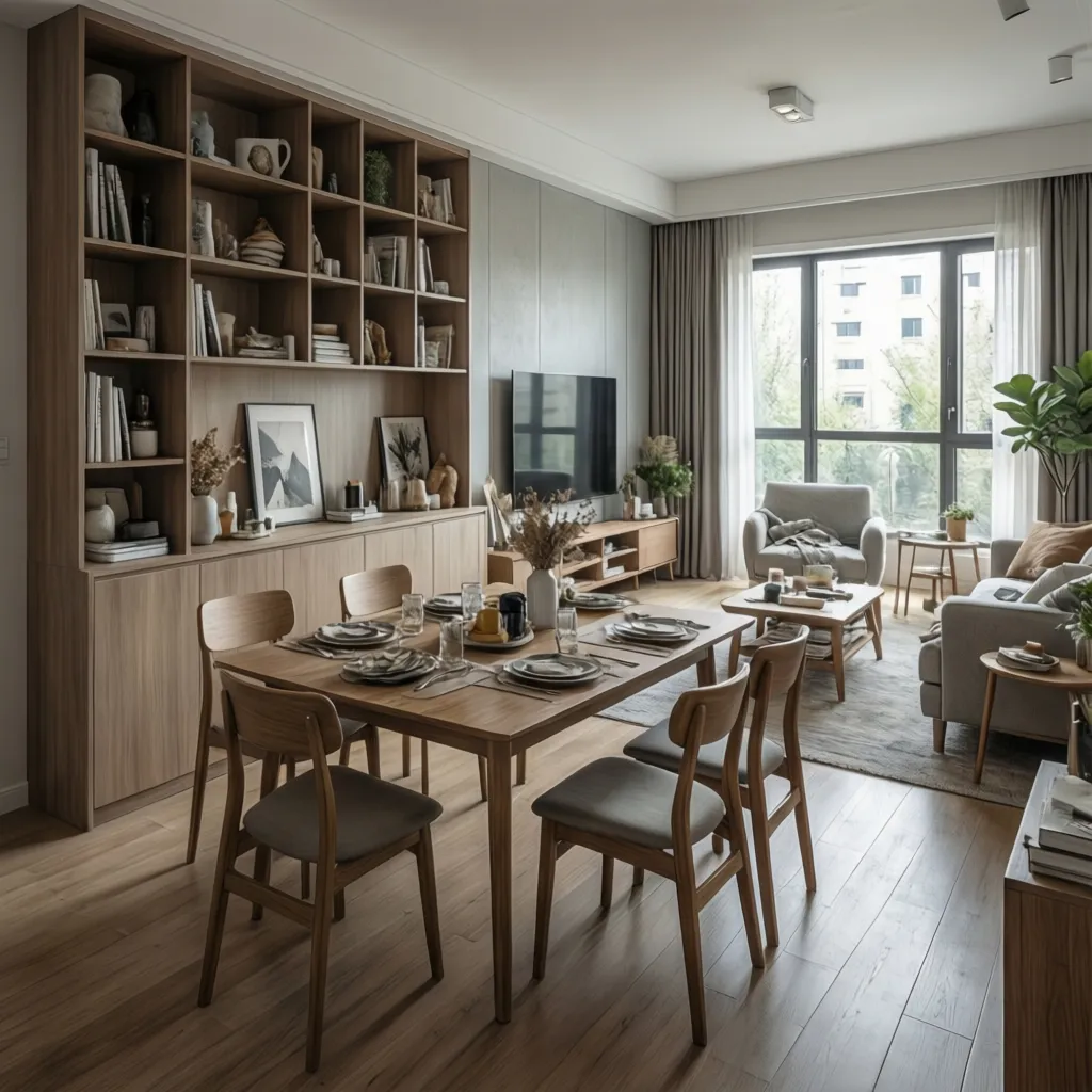 multifunctional living area in a compact home with storage and dining integration