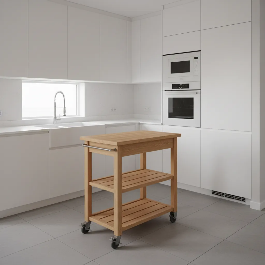 Small kitchen with rolling island cart for extra storage