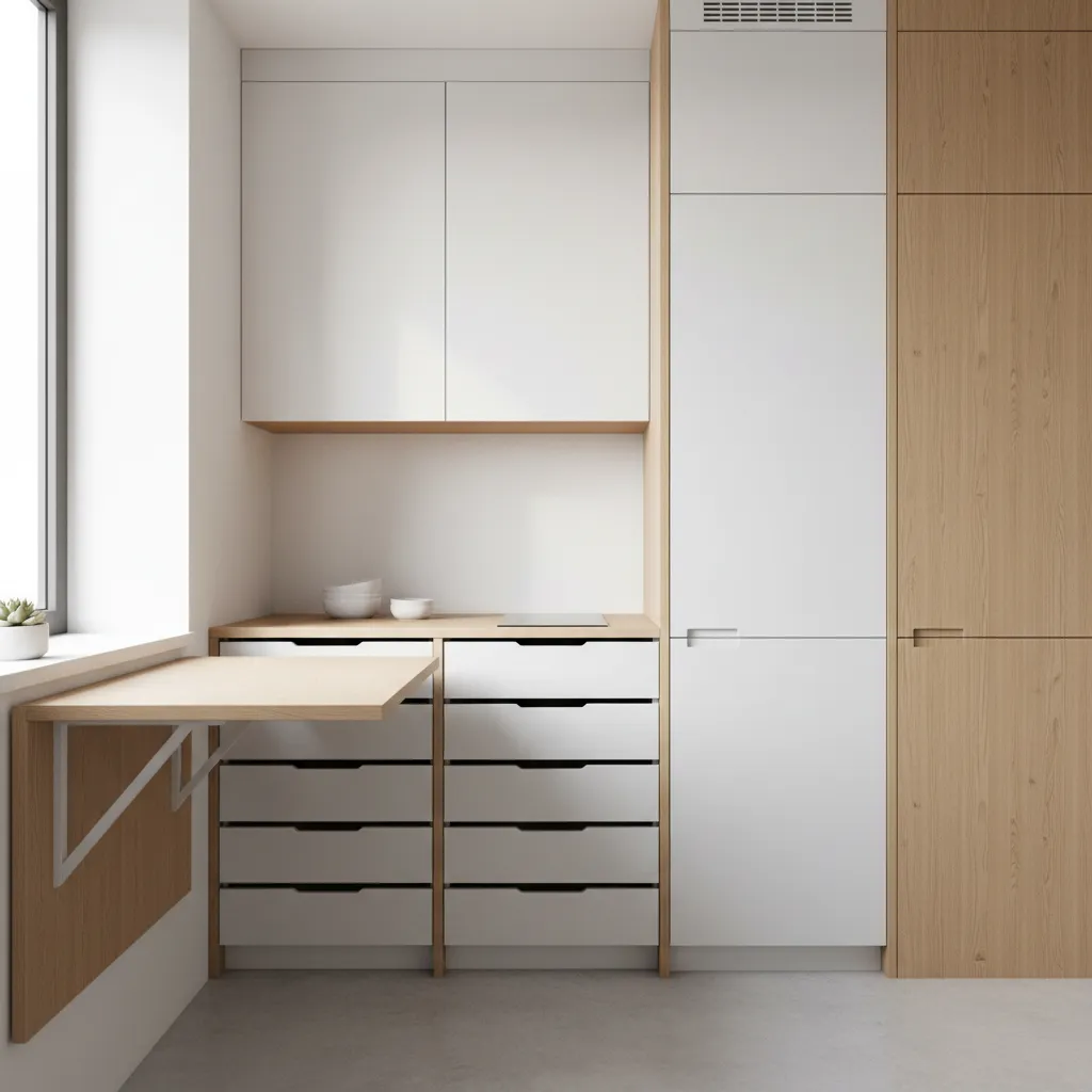 Small kitchen with fold down table and multifunction storage