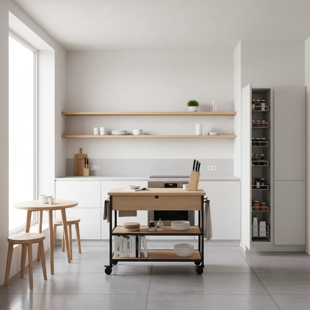 small kitchen with rolling cart and multifunctional storage furniture