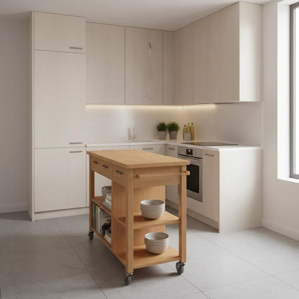Small kitchen featuring a narrow multifunctional rolling island for prep and storage