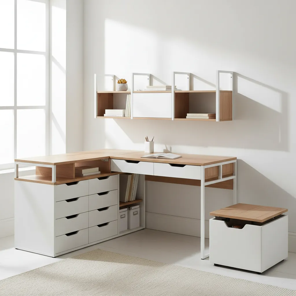 White and wood corner desk with drawers wall shelf and footrest in bright room layout