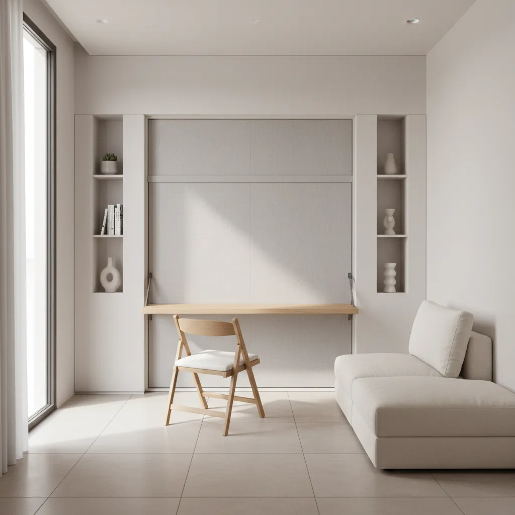 Small room with fold down desk and Murphy bed showing multifunctional design